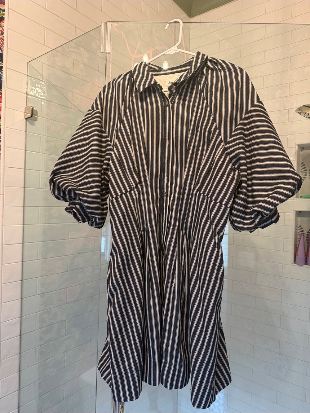 Striped navy  & White Puff-Sleeve Shirt Dress